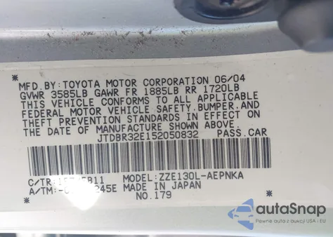 2005 Toyota Corolla Le z USA, uszkodzony, nr VIN JTDBR32E152050832